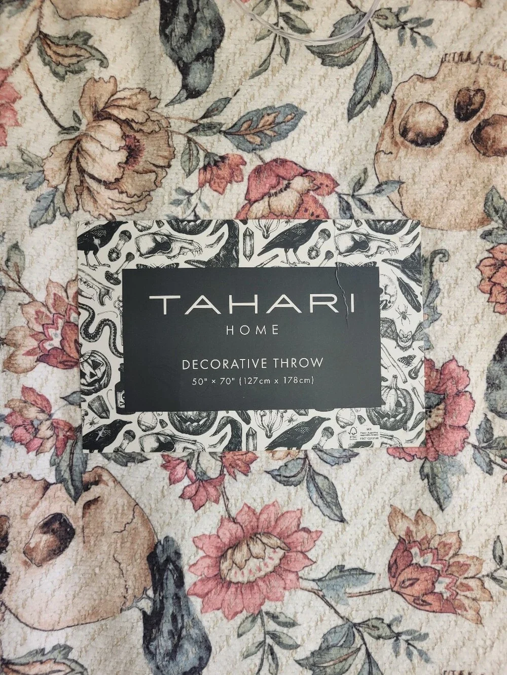 Tahari Cream Halloween Throw with Skulls, Crows And Pink & Green Floral Motif